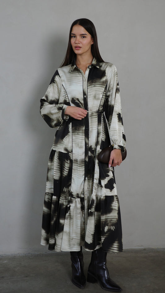 שמלת קלוש כפתורים טקסטורה אשלי | שמנת/אפור