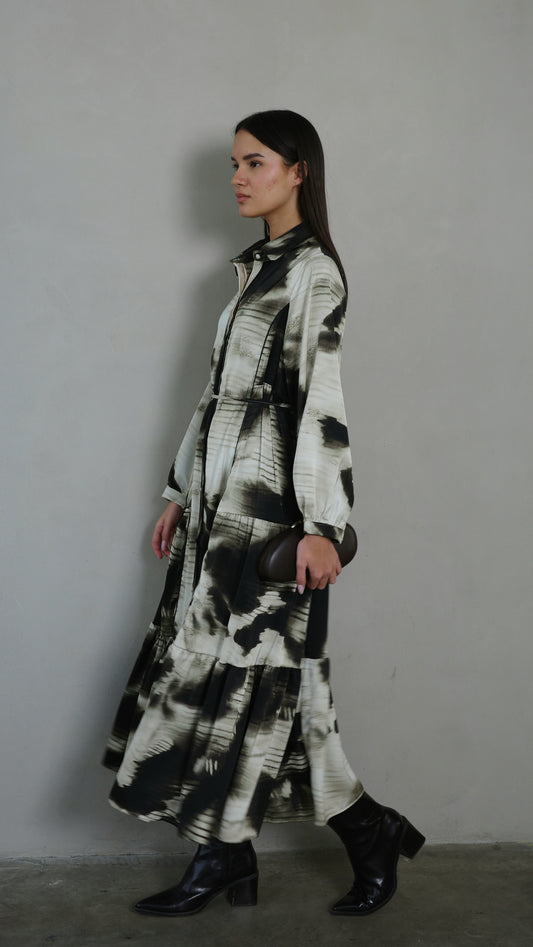 שמלת קלוש כפתורים טקסטורה אשלי | שמנת/אפור