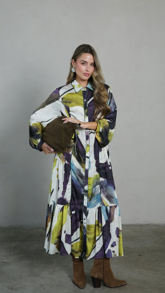 שמלת קלוש כפתורים טקסטורה אשלי | סגול/ירוק