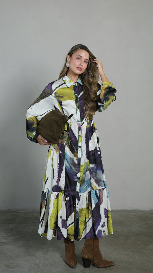 שמלת קלוש כפתורים טקסטורה אשלי | סגול/ירוק