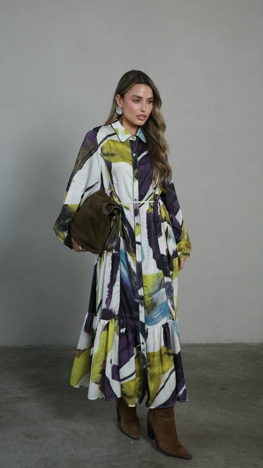 שמלת קלוש כפתורים טקסטורה אשלי | סגול/ירוק