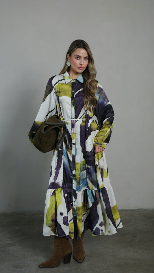 שמלת קלוש כפתורים טקסטורה אשלי | סגול/ירוק