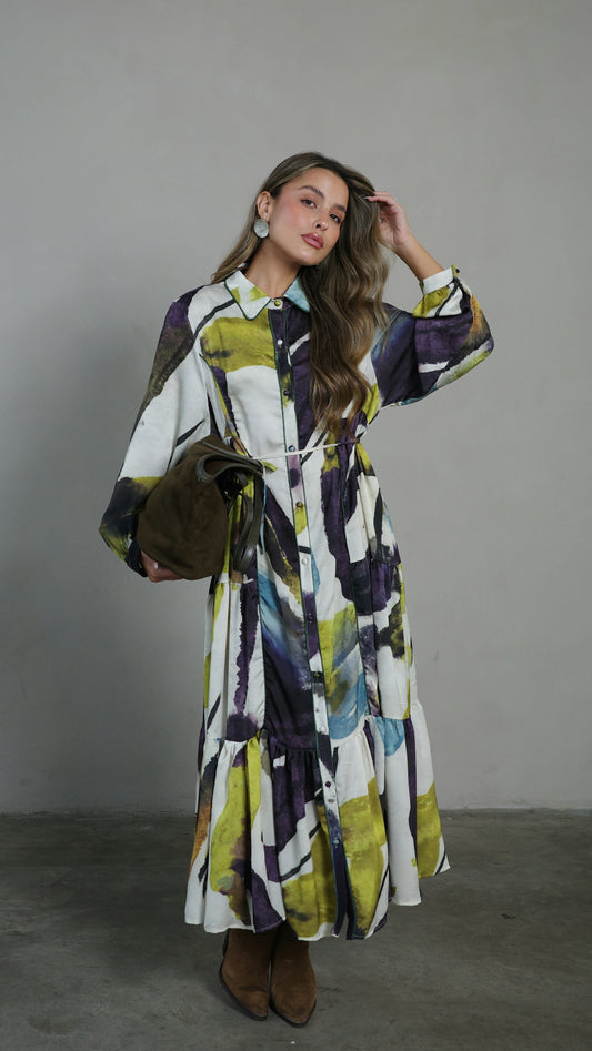 שמלת קלוש כפתורים טקסטורה אשלי | סגול/ירוק