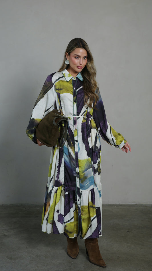 שמלת קלוש כפתורים טקסטורה אשלי | סגול/ירוק