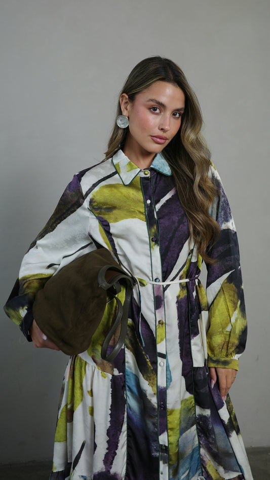 שמלת קלוש כפתורים טקסטורה אשלי | סגול/ירוק