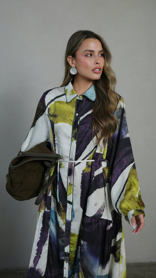 שמלת קלוש כפתורים טקסטורה אשלי | סגול/ירוק