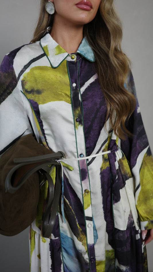 שמלת קלוש כפתורים טקסטורה אשלי | סגול/ירוק