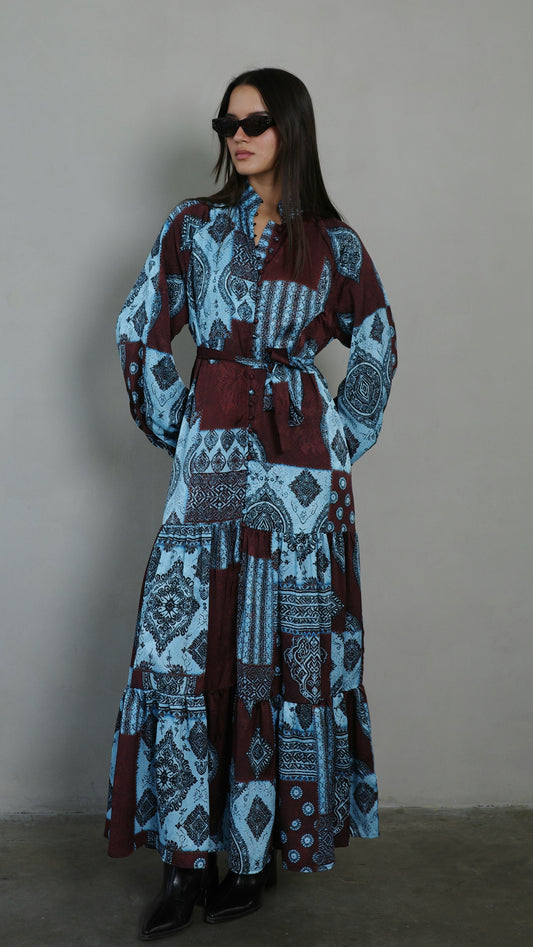 שמלת מקסי קלוש קומות איוונקה | חום/טורקיז