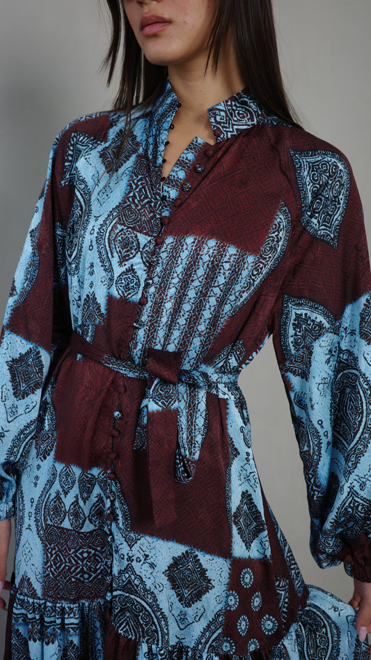 שמלת מקסי קלוש קומות איוונקה | חום/טורקיז