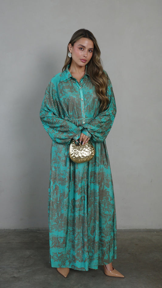 שמלת פליסה כפתורים קארן | טורקיז