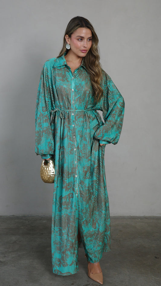 שמלת פליסה כפתורים קארן | טורקיז