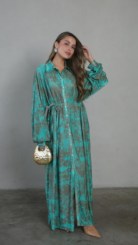 שמלת פליסה כפתורים קארן | טורקיז