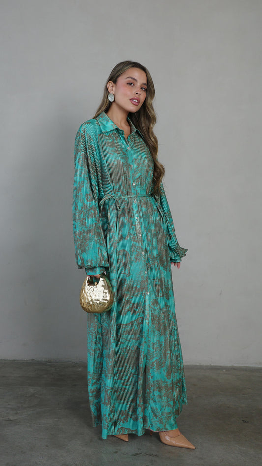 שמלת פליסה כפתורים קארן | טורקיז