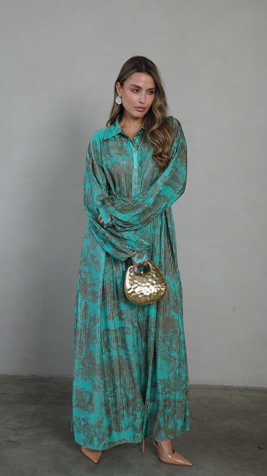 שמלת פליסה כפתורים קארן | טורקיז