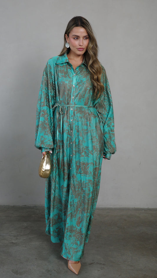 שמלת פליסה כפתורים קארן | טורקיז