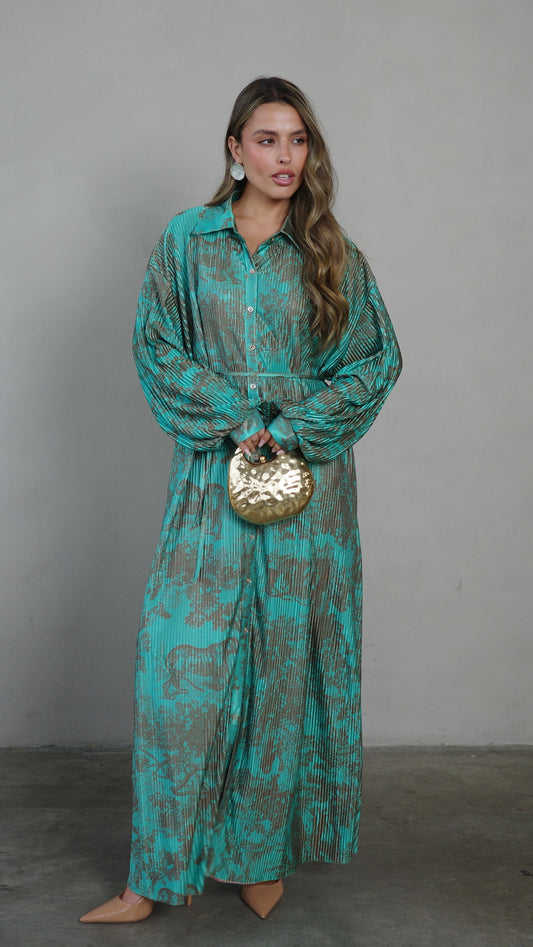 שמלת פליסה כפתורים קארן | טורקיז