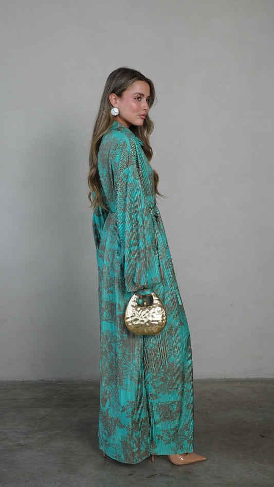 שמלת פליסה כפתורים קארן | טורקיז