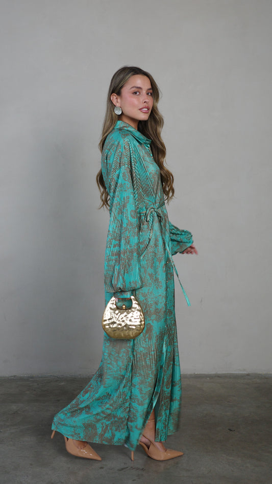 שמלת פליסה כפתורים קארן | טורקיז