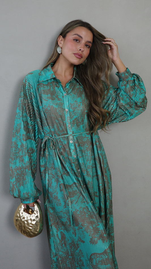 שמלת פליסה כפתורים קארן | טורקיז