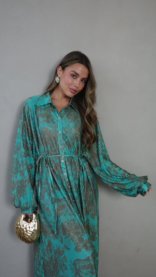 שמלת פליסה כפתורים קארן | טורקיז