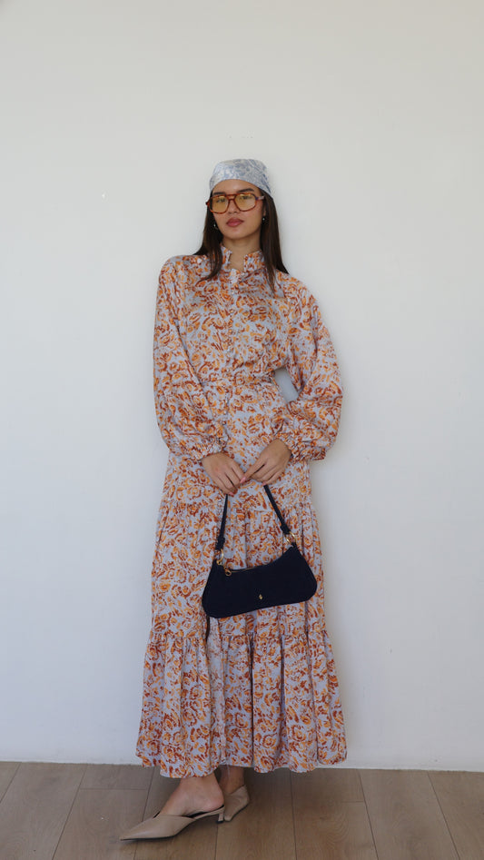 שמלת מקסי קלוש קומות איוונקה | תכלת/כתום