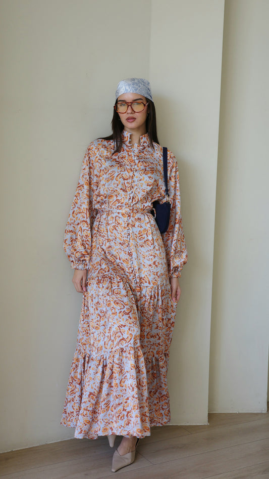 שמלת מקסי קלוש קומות איוונקה | תכלת/כתום