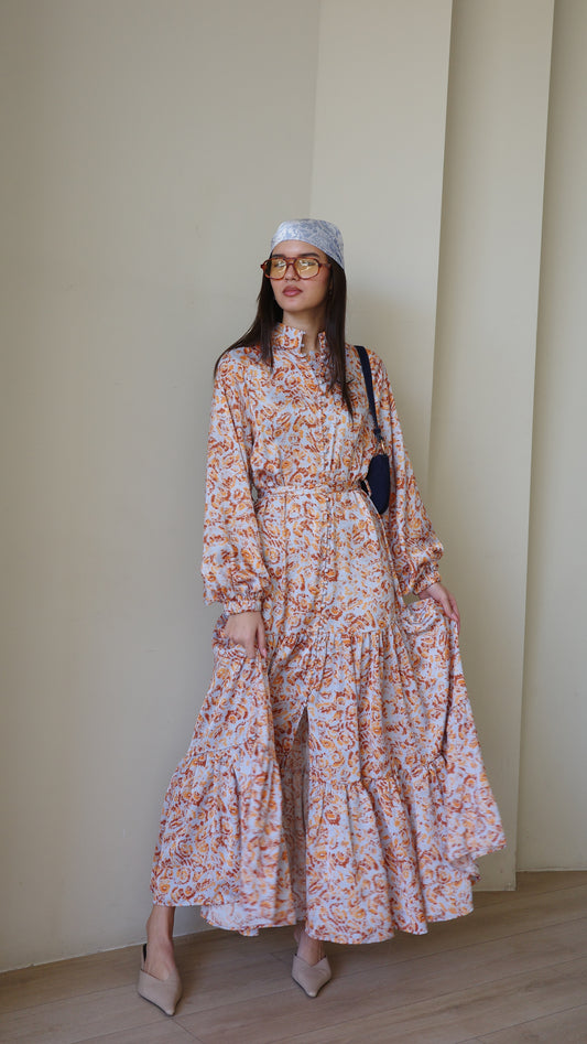 שמלת מקסי קלוש קומות איוונקה | תכלת/כתום