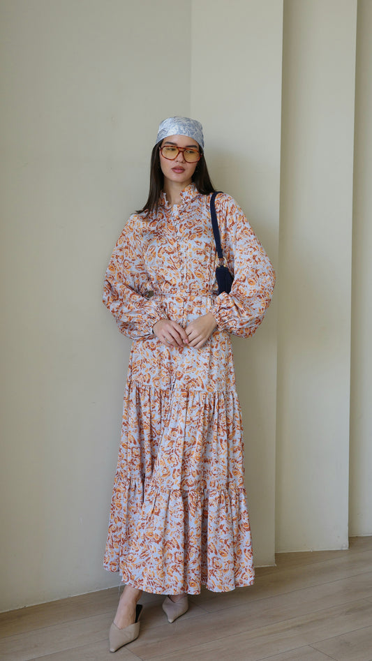 שמלת מקסי קלוש קומות איוונקה | תכלת/כתום