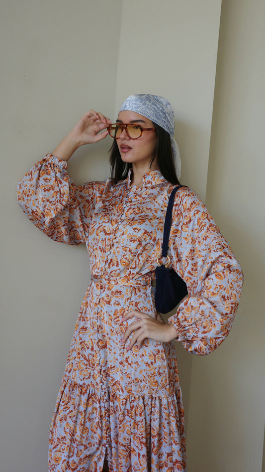 שמלת מקסי קלוש קומות איוונקה | תכלת/כתום