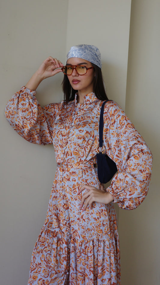 שמלת מקסי קלוש קומות איוונקה | תכלת/כתום