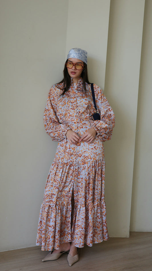 שמלת מקסי קלוש קומות איוונקה | תכלת/כתום