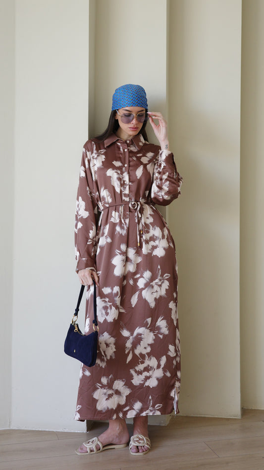 שמלת מקסי גלביה קלאסי פרח | חום