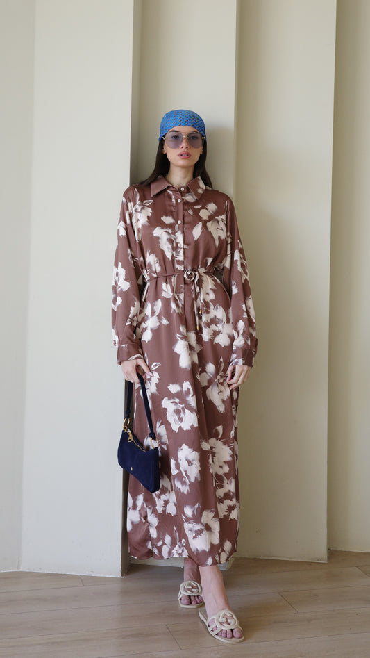 שמלת מקסי גלביה קלאסי פרח | חום