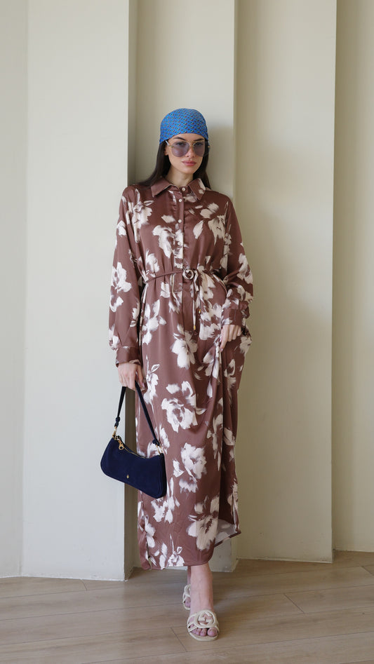 שמלת מקסי גלביה קלאסי פרח | חום