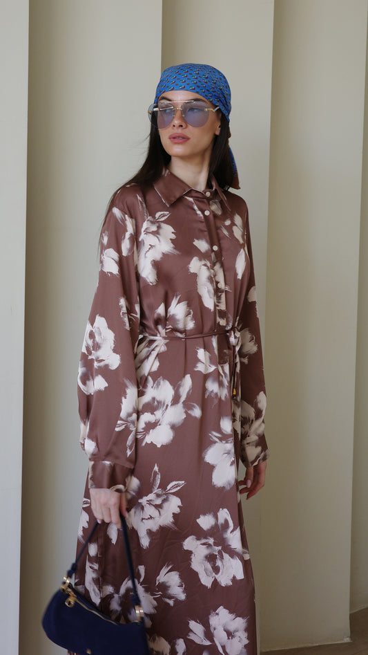 שמלת מקסי גלביה קלאסי פרח | חום