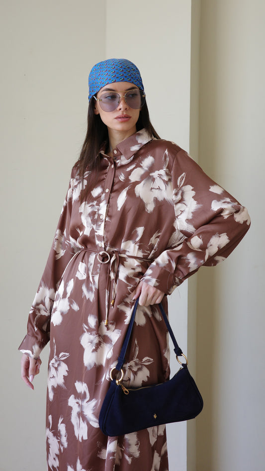 שמלת מקסי גלביה קלאסי פרח | חום