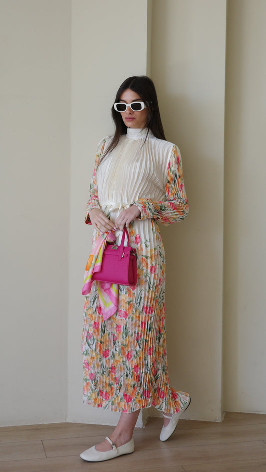 שמלת מידי פליסה קנדרה | שמנת