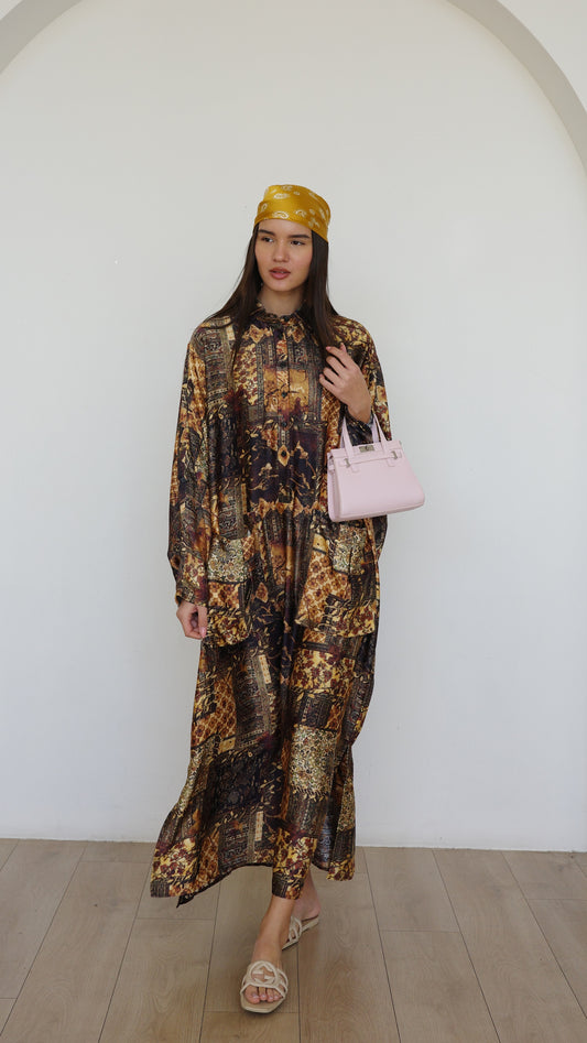 שמלת אוברסיז עטלף כריסטינה | חום/זהב