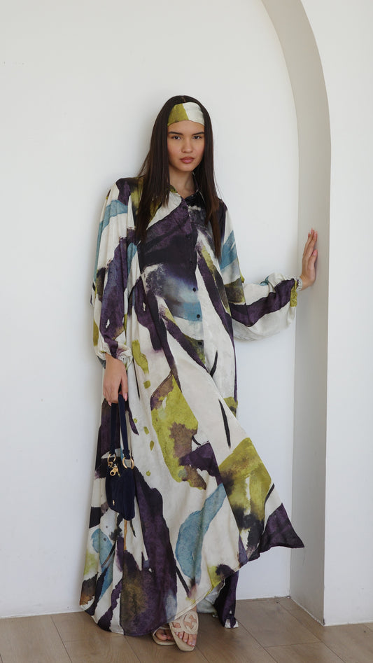 שמלת מקסי אוברסייז כפתורים ניקולה | שמנת/ירוק