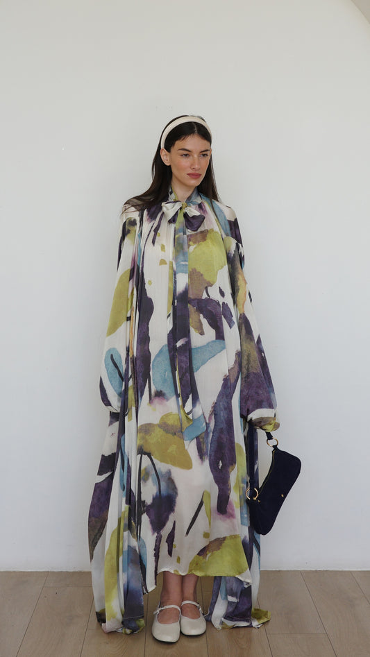 שמלת מקסי אוברסייז עניבה דונטלה | שמנת/ירוק