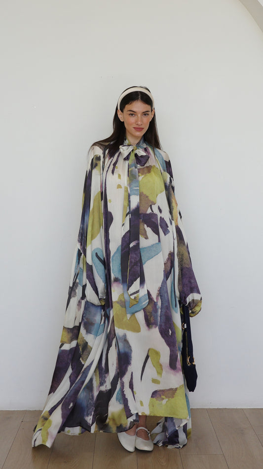 שמלת מקסי אוברסייז עניבה דונטלה | שמנת/ירוק