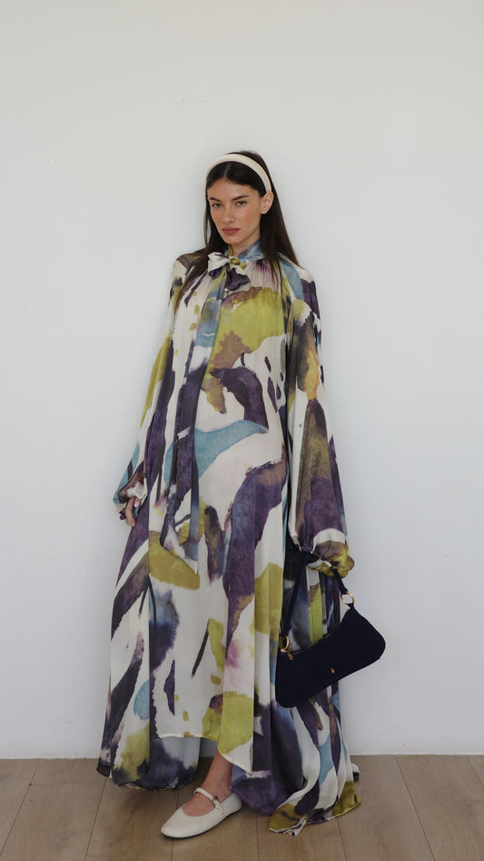 שמלת מקסי אוברסייז עניבה דונטלה | שמנת/ירוק