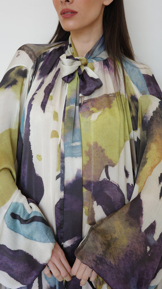 שמלת מקסי אוברסייז עניבה דונטלה | שמנת/ירוק