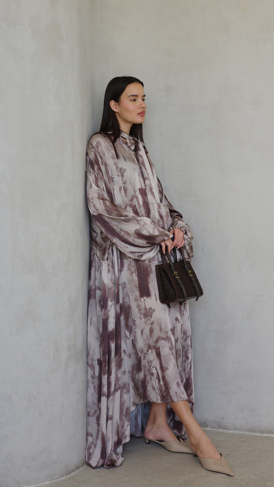 שמלת מקסי אוברסייז עניבה דונטלה | חום/אפור