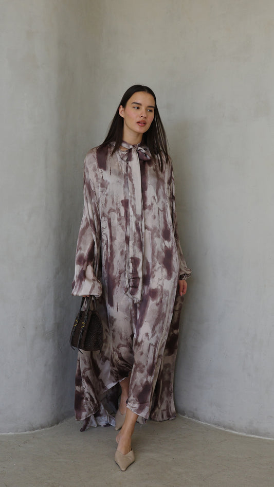 שמלת מקסי אוברסייז עניבה דונטלה | חום/אפור