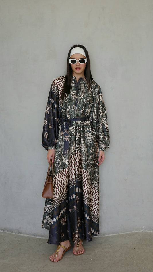 שמלת קלוש אוברסייז כפתורים סידני | ירוק/חום