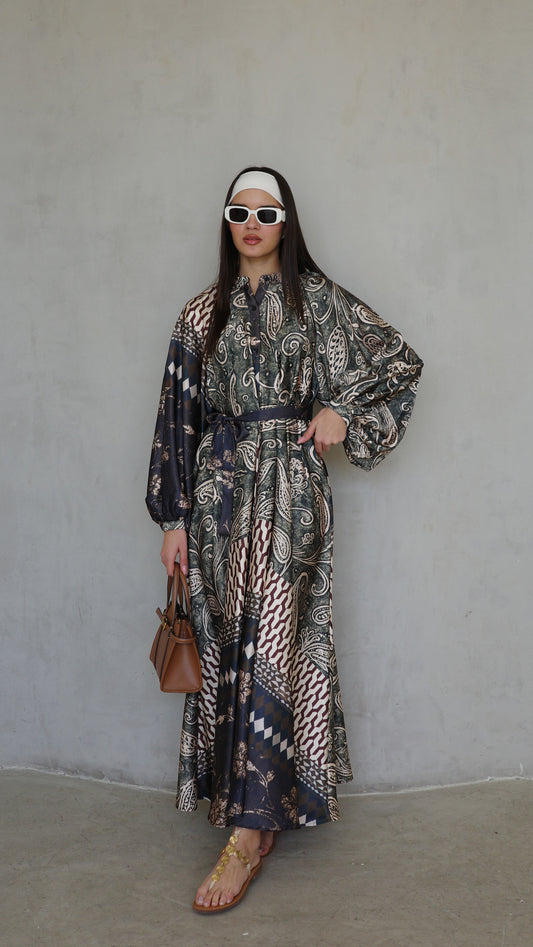 שמלת קלוש אוברסייז כפתורים סידני | ירוק/חום