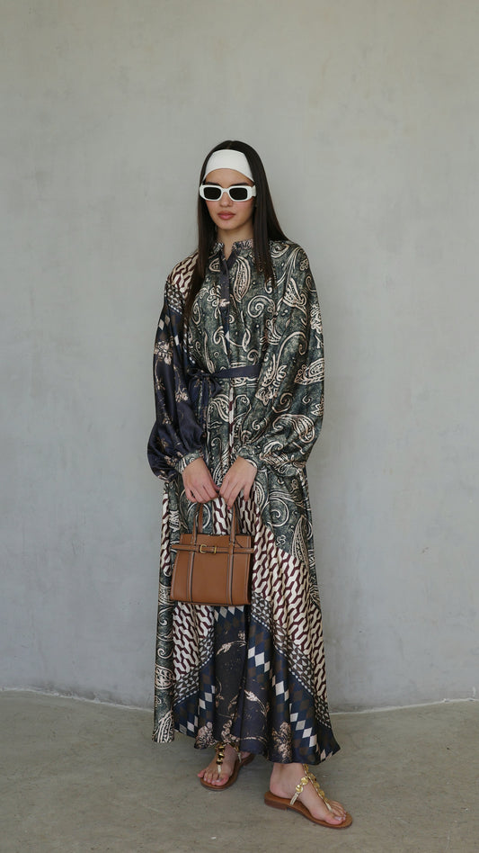 שמלת קלוש אוברסייז כפתורים סידני | ירוק/חום