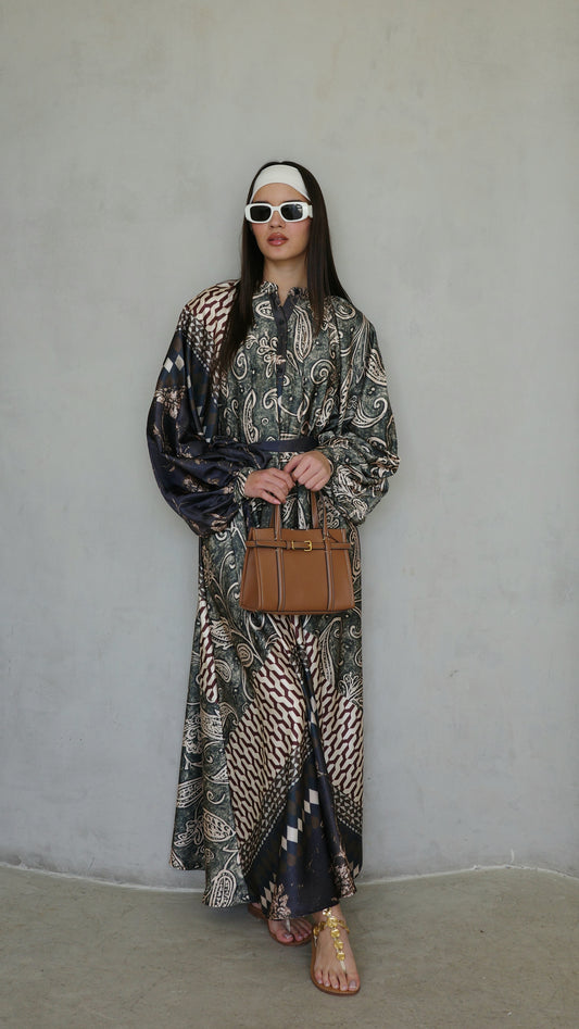 שמלת קלוש אוברסייז כפתורים סידני | ירוק/חום