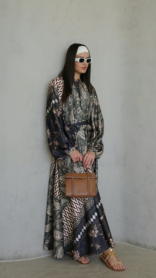 שמלת קלוש אוברסייז כפתורים סידני | ירוק/חום